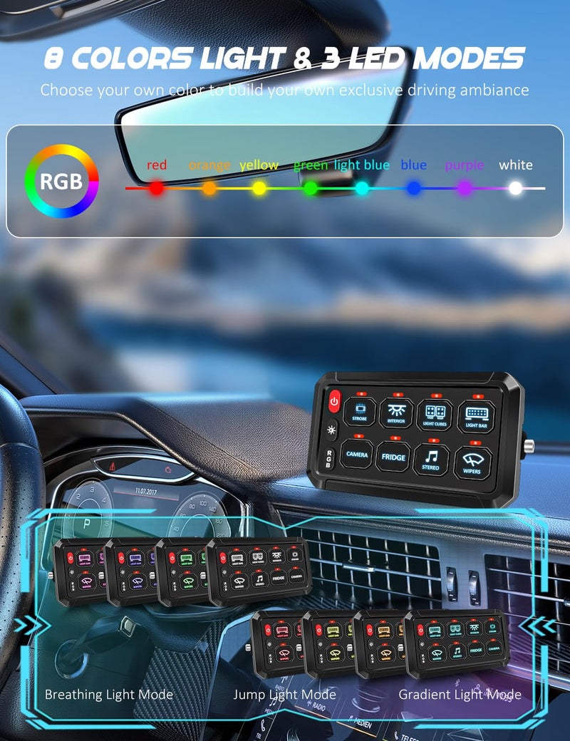 Chelhead 12V Switch Panel 8 Gang RGB Led 3 Button Touch Control Panel Box with Momentary Dimmable Strobe Function Compatible with Trucks Jeep Boat Marine SUV Caravan UTV Pickup - Image 2